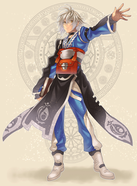 hatake michi, hatakemichi, morichika rinnosuke, curiosities of lotus asia, touhou, silver hair, bad id, bad pixiv id, 1boy, book, glasses, male focus, outstretched arm, short hair, solo, yellow eyes