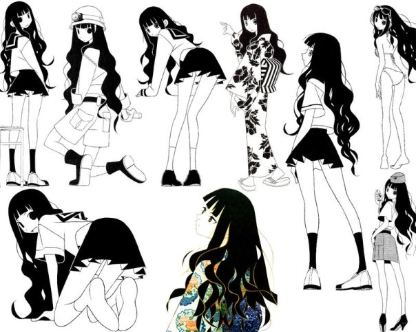 itoshiki rin, sayonara zetsubou sensei, 00s, 1girl, black hair, curly hair, glasses, hat, japanese clothes, kimono, long hair, school uniform, skirt, smile