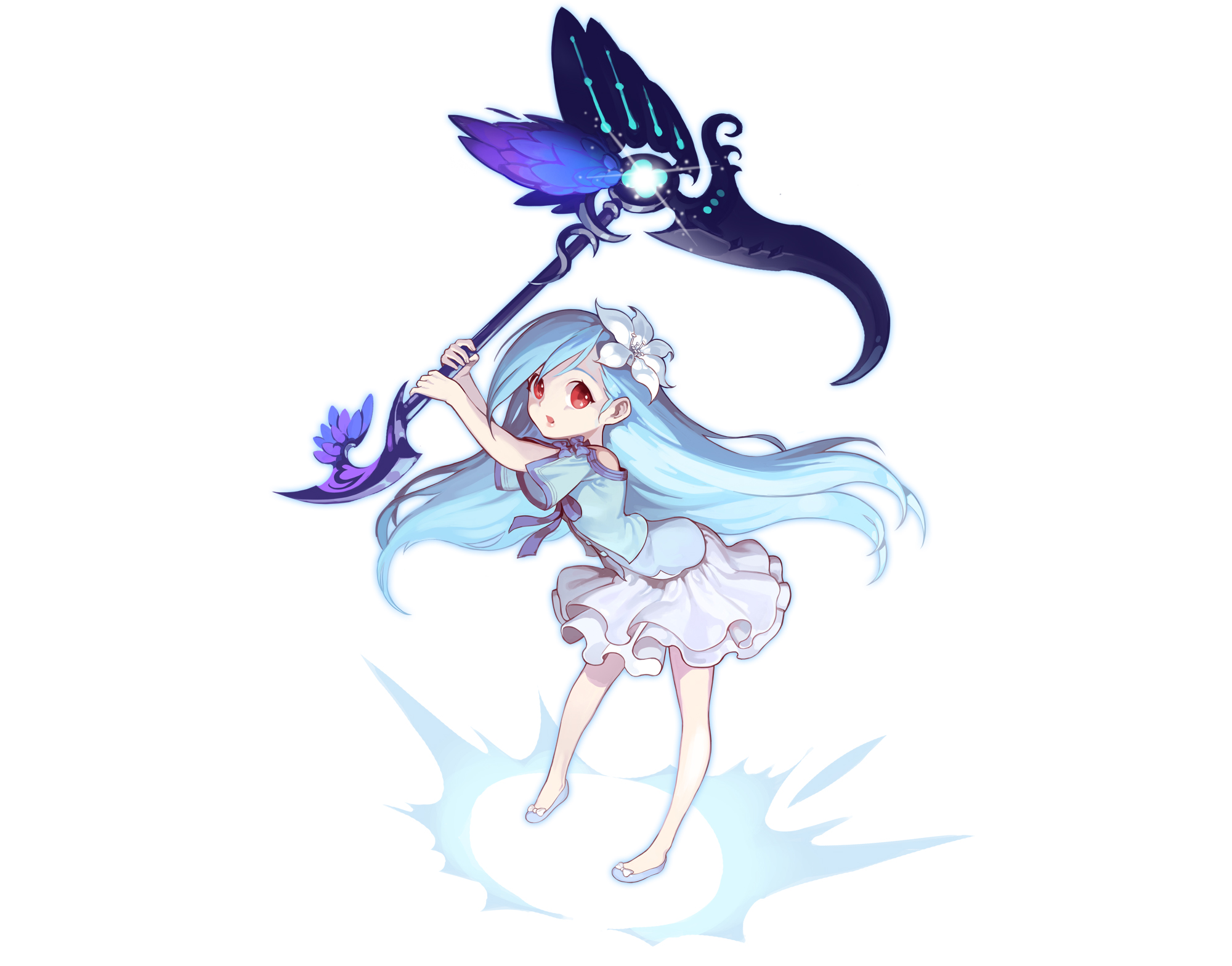 sang ah yoon, benya (tales weaver), nexon, tales weaver, white lily, commentary request, highres, korean commentary, official art, 1girl, asymmetrical bangs, blue hair, blue jacket, blue shirt, blue shoes, bow, dress, eyelashes, flats, flower, footwear bow, hair flower, hair ornament, holding, holding scythe, jacket, layered dress, legs apart, lily (flower), long hair, medium dress, off-shoulder shirt, off shoulder, open mouth, purple bow, red eyes, scythe, shirt, shirt bow, shoes, sidelocks, sleeve bow, solo, standing, straight hair, strapless, strapless dress, strapless shirt, very long hair, white bow, white dress, white flower, wide sleeves