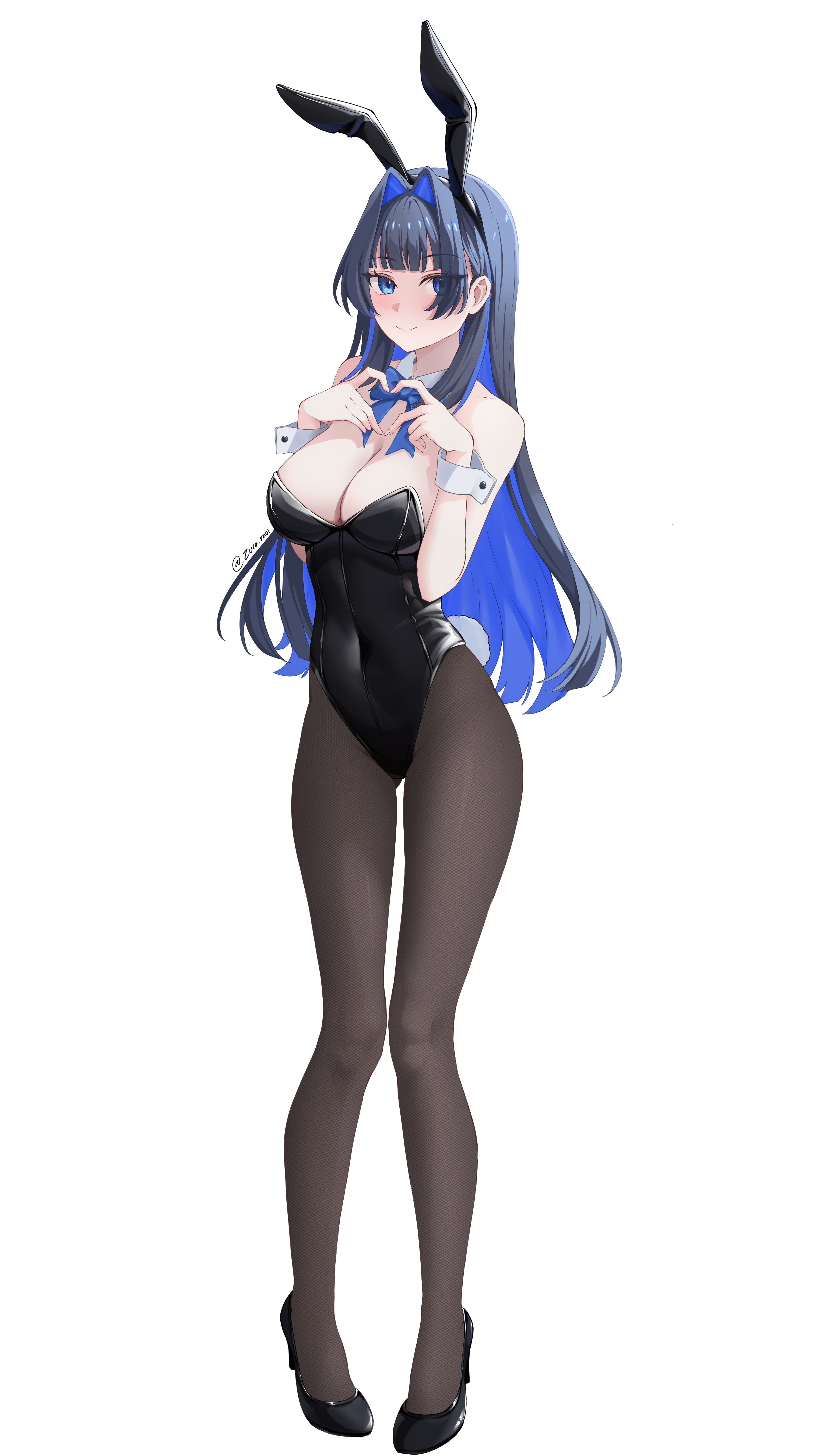azurarts, ouro kronii, hololive, hololive english, absurdres, commentary, highres, 1girl, alternate costume, animal ear hairband, animal ears, bare shoulders, black hair, black leotard, black pantyhose, black shoes, blue bow, blue bowtie, blue hair, blunt bangs, blush, bow, bowtie, breasts, cleavage, closed mouth, colored inner hair, covered navel, detached collar, fake animal ears, four-finger heart hands, full body, hair intakes, hairband, heart, heart hands, high heels, highleg, highleg leotard, large breasts, legs, leotard, long hair, looking at viewer, multicolored hair, pantyhose, playboy bunny, rabbit ear hairband, rabbit ears, shoes, simple background, smile, solo, standing, strapless, strapless leotard, twitter username, virtual youtuber, white background, wrist cuffs