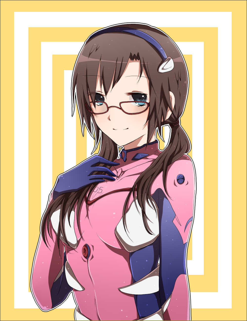koko (artist), koko (kotobutyann), makinami mari illustrious, neon genesis evangelion, rebuild of evangelion, bad id, bad pixiv id, highres, 00s, 1girl, blue eyes, brown hair, female focus, glasses, mecha pilot suit, plugsuit (evangelion), smile, solo