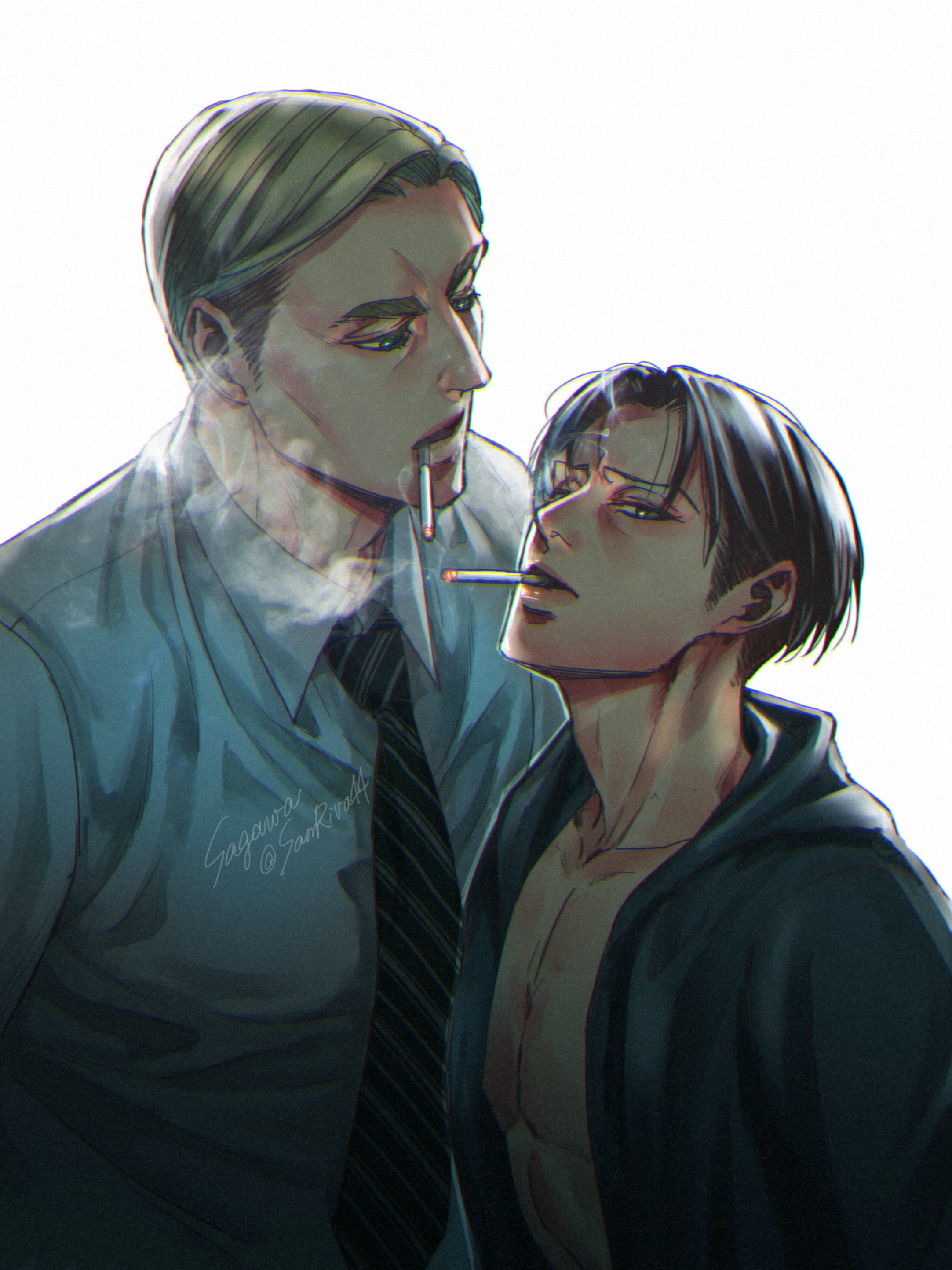 mskei, erwin smith, levi (shingeki no kyojin), shingeki no kyojin, absurdres, highres, 2boys, artist name, black hair, black jacket, blonde hair, cigarette, collared shirt, diagonal-striped clothes, diagonal-striped necktie, furrowed brow, hood, hood down, jacket, looking at another, male focus, multiple boys, necktie, open clothes, open jacket, parted bangs, parted lips, pectorals, shirt, short hair, smoke, smoking, striped clothes, swept bangs, thick eyebrows, twitter username, upper body, white background, white shirt, yaoi