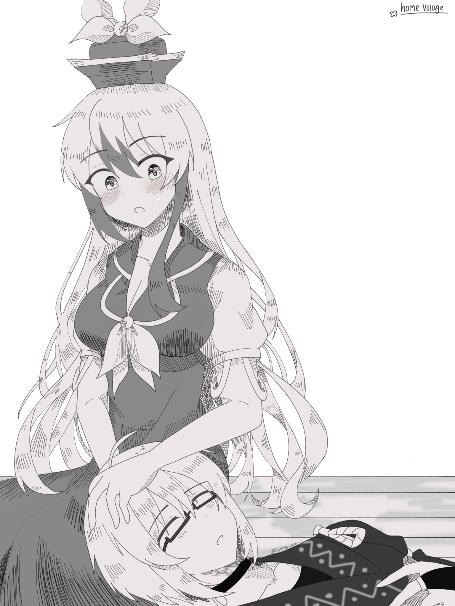 kamishirasawa keine, morichika rinnosuke, touhou, commentary, highres, 1boy, 1girl, :o, ahoge, blush, breasts, cleavage, glasses, greyscale, hand on another's head, hat, hetero, lap pillow, long hair, looking at another, lying, medium breasts, monochrome, multicolored hair, on back, on floor, semi-rimless eyewear, short sleeves, sitting, sleeping, straight hair, sweatdrop, two-tone hair, under-rim eyewear, very long hair, vroxclly art