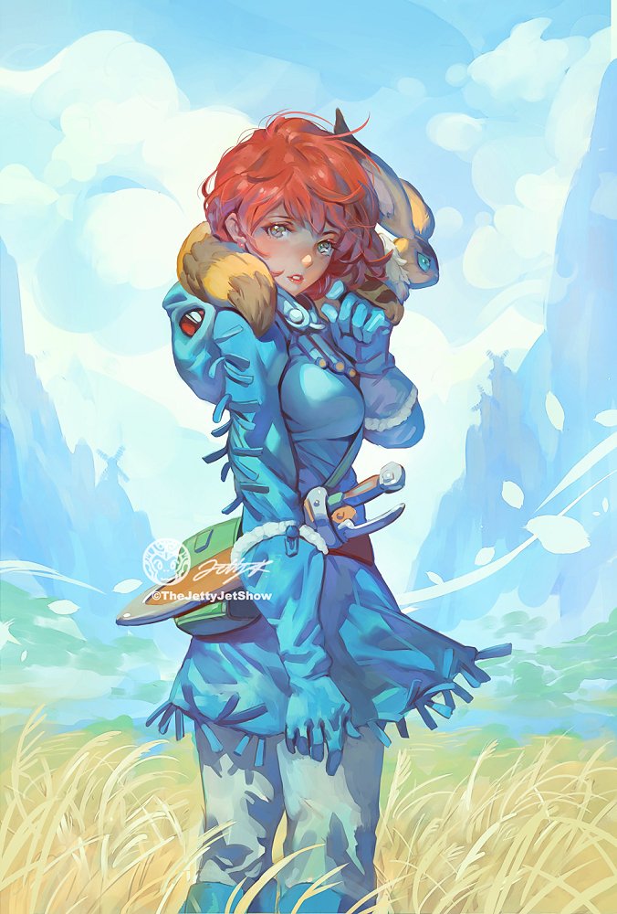 jet kimchrea, nausicaa, teto (nausicaa), kaze no tani no nausicaa, commentary, english commentary, 1girl, artist logo, aviator cap, blue dress, blue gloves, breasts, cloud, creature, creature on shoulder, day, dress, feet out of frame, from side, fur-trimmed gloves, fur trim, gloves, grass, green eyes, logo, long sleeves, looking at viewer, medium breasts, medium hair, on shoulder, outdoors, pants, parted lips, red hair, sheath, sheathed, short sword, shoulder strap, signature, standing, sword, turning head, twitter username, weapon, white pants, wind, windmill