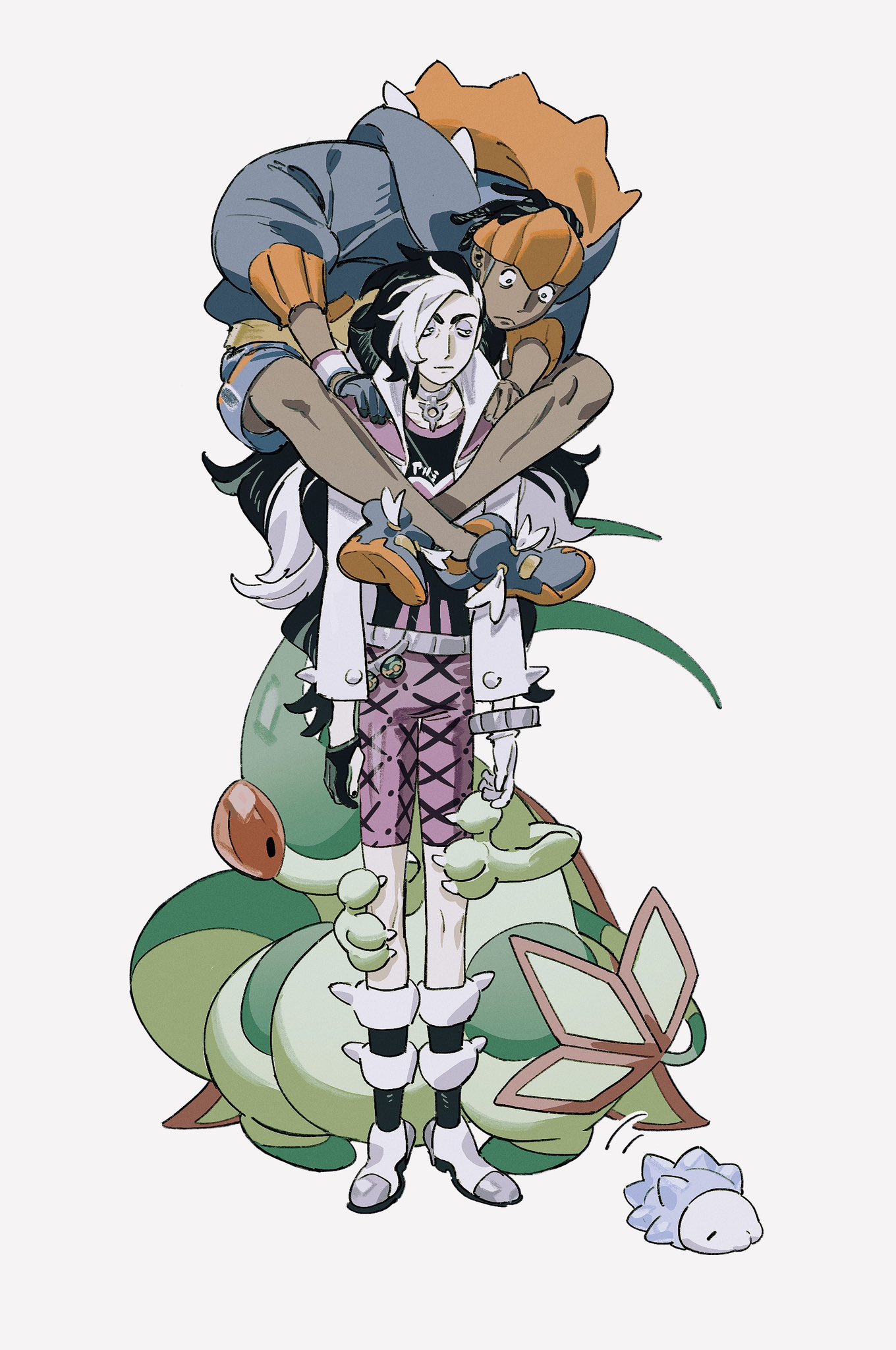 molymes, flygon, piers (pokemon), raihan (pokemon), snom, nintendo, pokemon, pokemon swsh, hashtag-only commentary, highres, 2boys, belt, black hair, blue hoodie, blue shorts, bracelet, claws, closed mouth, dark-skinned male, dark skin, earrings, frown, gen 3 pokemon, gen 8 pokemon, headband, hood, hood down, hoodie, jewelry, long hair, long sleeves, male focus, multicolored hair, multiple boys, orange headband, piercing, pokemon (creature), red eyes, scared, shoes, short hair, shorts, simple background, standing, stud earrings, white background, white belt, white hair, wide-eyed