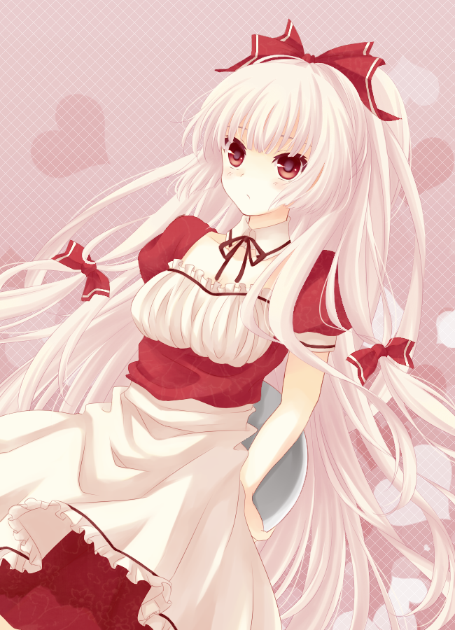 kai aki, fujiwara no mokou, the iron of yin and yang, touhou, bad id, bad pixiv id, 1girl, alternate costume, apron, blush, enmaided, female focus, hair ribbon, heart, hime cut, long hair, maid, maid apron, pink hair, ponytail, red eyes, ribbon, solo, very long hair, white hair