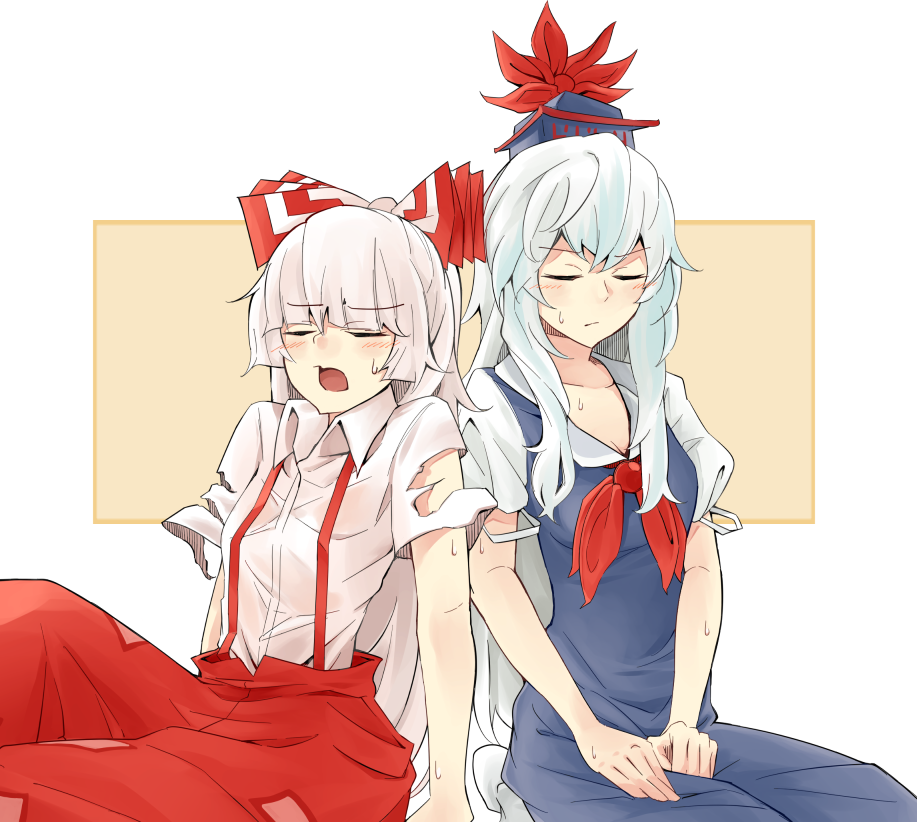 kauchipoteto, fujiwara no mokou, kamishirasawa keine, touhou, commentary, 2girls, blue dress, blue hat, blush, breasts, cleavage, closed eyes, collarbone, dress, hat, hot, long hair, multiple girls, open mouth, pants, red pants, shirt, simple background, sitting, straight hair, suspender pants, sweat, torn clothes, torn shirt, very long hair, white hair, white shirt