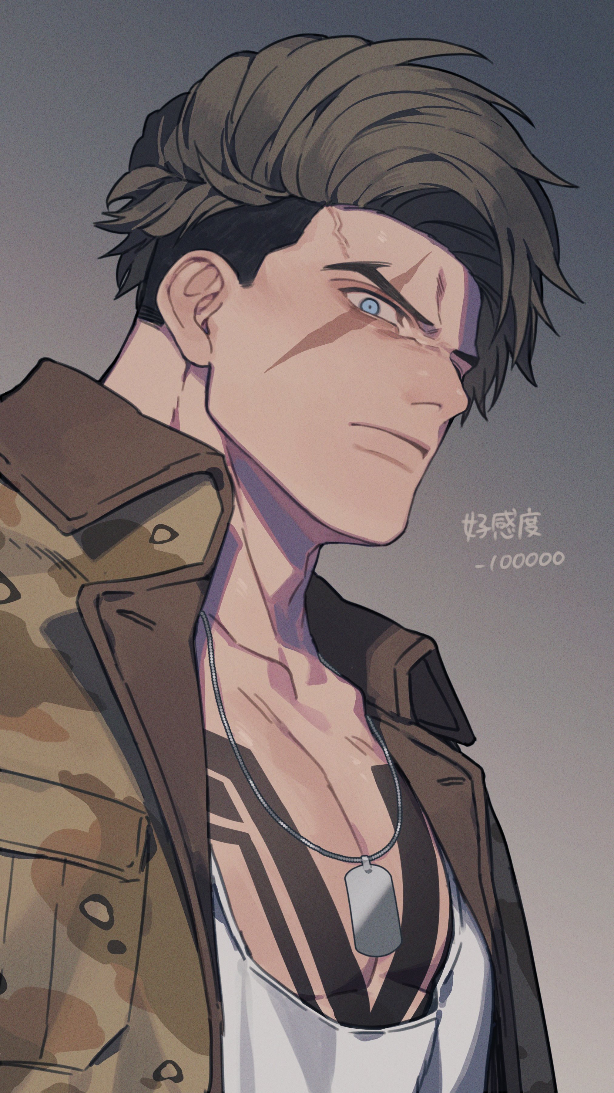 prat rat, luke sullivan, street fighter, street fighter 6, absurdres, commentary request, highres, 1boy, angry, bare pectorals, black hair, blue eyes, breast pocket, brown hair, camouflage, camouflage jacket, chest tattoo, closed mouth, collared jacket, dog tags, forked eyebrows, frown, jacket, lapels, male focus, multicolored hair, official alternate costume, pectorals, pocket, scar, scar across eye, scar on face, shirt, short hair, short sideburns, solo, tattoo, two-tone hair, upper body, white shirt, wing collar
