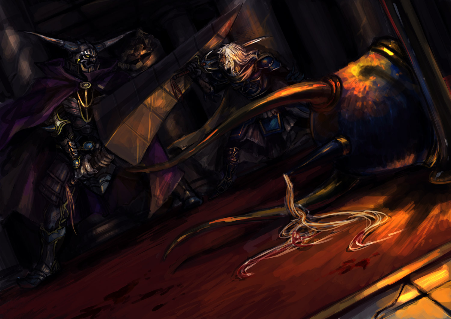 endou yuu, garland (ff1), warrior of light (ff1), dissidia final fantasy, final fantasy, final fantasy i, bad id, bad pixiv id, 2boys, armor, battle, blood, cape, epic, full armor, helmet, horns, male focus, manly, multiple boys, sword, weapon, white hair, yellow eyes