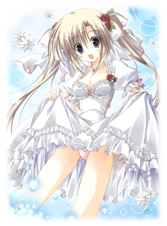 korie riko, original, bad id, bad pixiv id, blue eyes, clothes lift, dress, dress lift, flower, panties, rose, solo, twintails, underwear, white hair