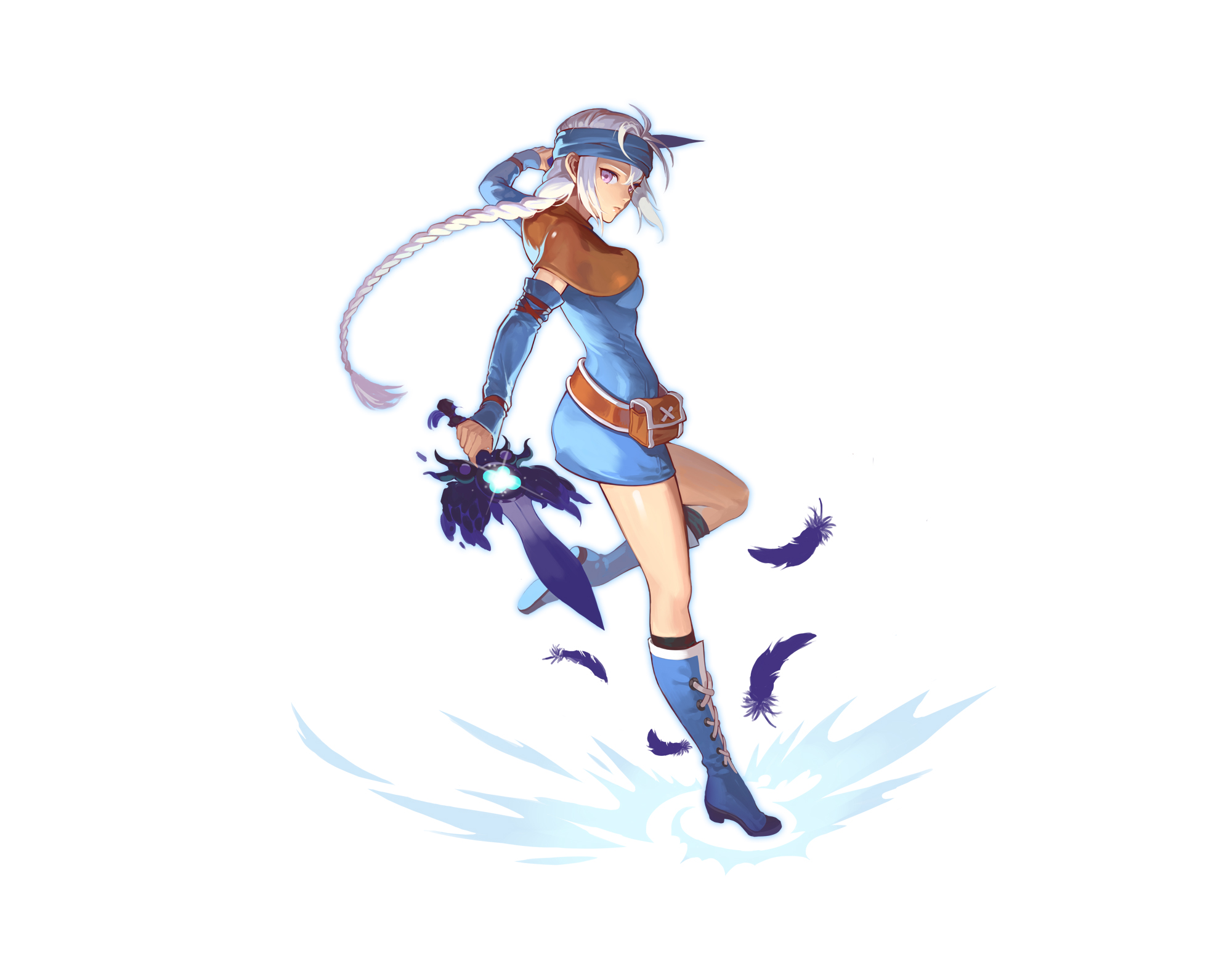 sang ah yoon, nayatrei, nexon, tales weaver, commentary request, highres, korean commentary, 1girl, belt, belt pouch, black socks, blue boots, blue dress, blue headband, blue sleeves, boots, braid, braided ponytail, breasts, brown belt, brown capelet, capelet, closed mouth, combat knife, cross-laced armwear, detached sleeves, dress, dual wielding, eyelashes, feathers, full body, glowing, glowing weapon, grey eyes, grey hair, hair tie, headband, holding, holding knife, knee boots, kneehighs, knife, lace-up boots, light frown, long hair, looking at viewer, low-braided long hair, low-tied long hair, medium breasts, pouch, purple feathers, simple background, single braid, sleeveless, sleeveless dress, socks, standing, standing on one leg, tight clothes, tight dress, weapon, white background