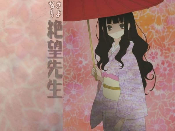 itoshiki rin, sayonara zetsubou sensei, 00s, black hair, grey eyes, japanese clothes, long hair, parasol, solo, standing, umbrella
