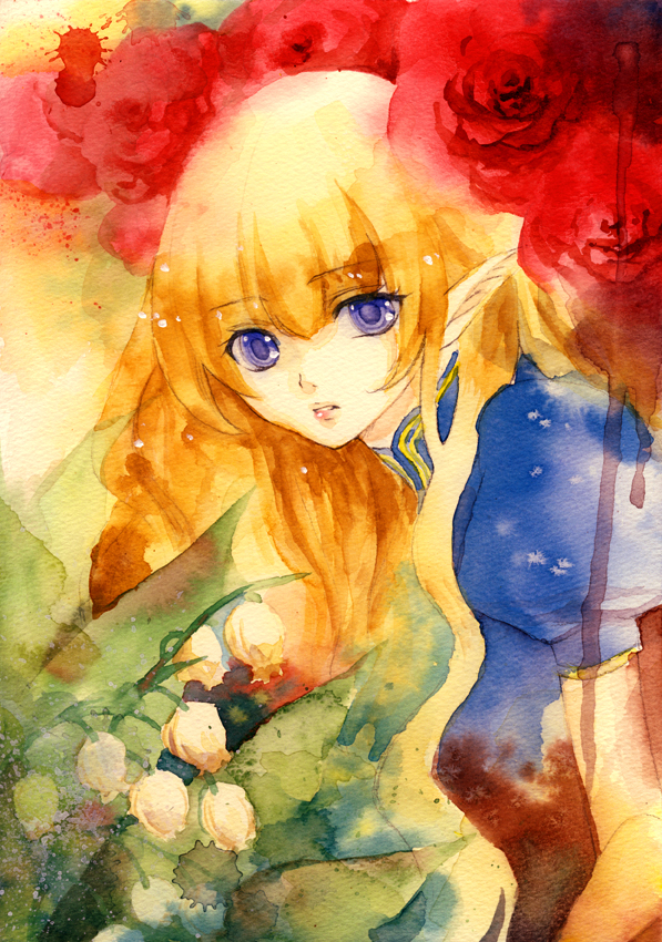 okuma mai, original, bad id, bad pixiv id, 1girl, blonde hair, blue eyes, female focus, flower, long hair, looking at viewer, pointy ears, solo, upper body