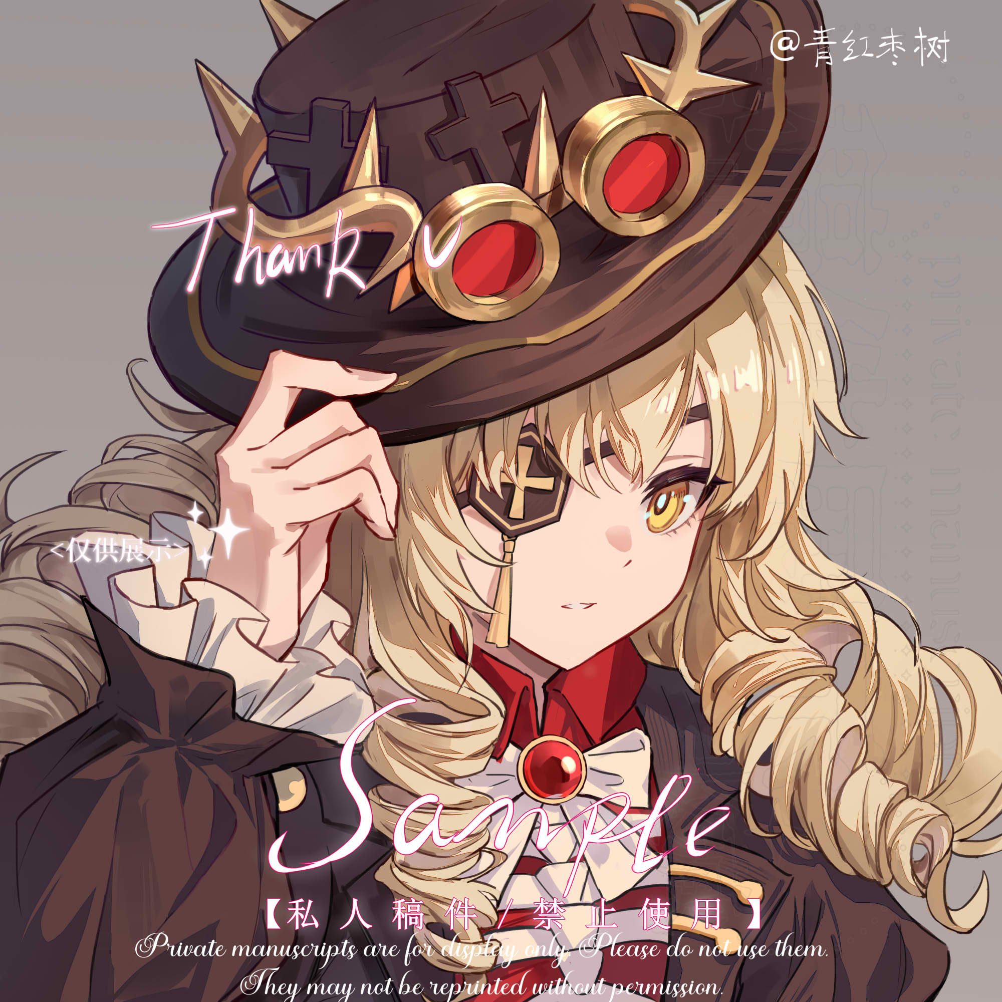 qinghong zaoshu, original, commission, highres, 1girl, artist name, blonde hair, boater hat, bow, bowtie, brown hat, brown jacket, drill hair, eyepatch, grey background, hand on headwear, hat, jacket, long hair, looking at viewer, one eye covered, parted lips, portrait, quad drills, red shirt, sample watermark, shirt, solo, watermark, white bow, white bowtie, yellow eyes