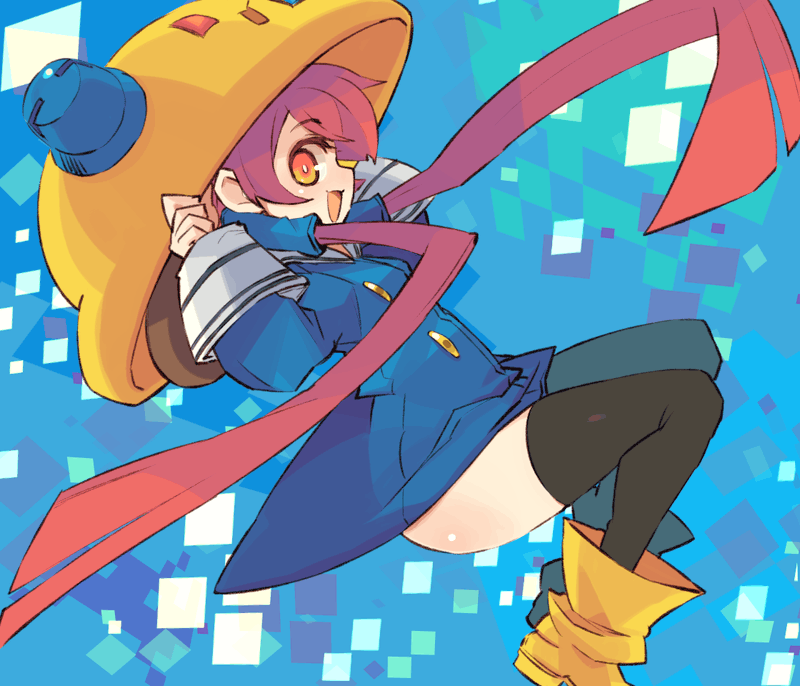 mota, ufo-co, space invaders, space invaders extreme 2, 1girl, boots, female focus, hat, holding, holding unworn clothes, holding unworn hat, orange eyes, red hair, solo, thighhighs, twintails, unworn hat, unworn headwear, yellow boots