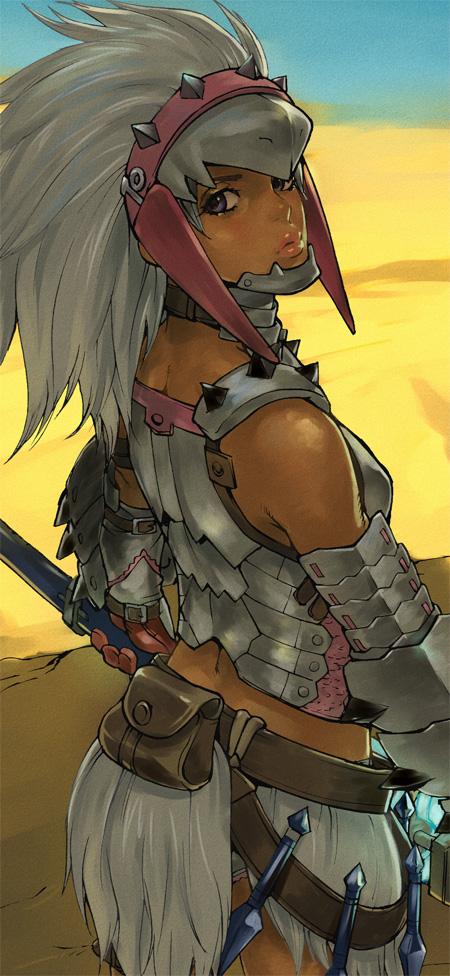 monster hunter (series), character request, 1girl, armor, closed mouth, dark-skinned female, dark skin, desert, holding, holding weapon, kirin (armor), lips, looking at viewer, midriff, panties, sand, solo, underwear, weapon