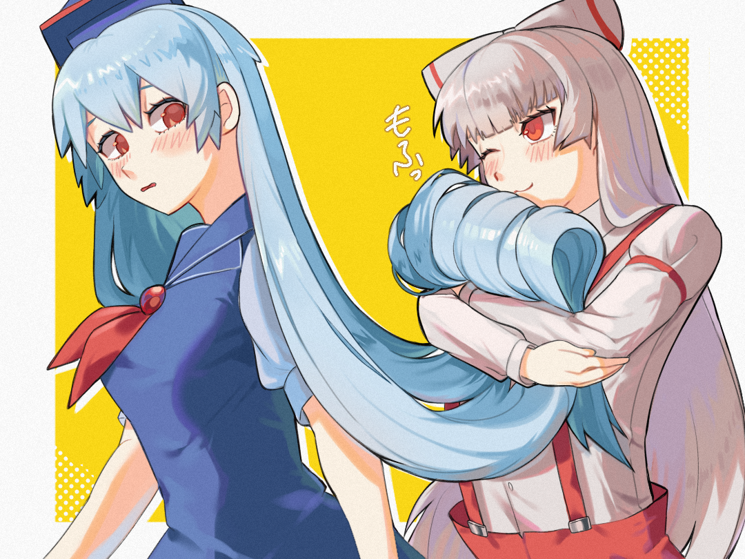 hamadain 000, fujiwara no mokou, kamishirasawa keine, touhou, commentary, 2girls, ;), blue dress, blue hair, blunt bangs, blush, border, dress, grey hair, hugging hair, long hair, long sleeves, looking at another, multiple girls, one eye closed, outside border, pants, red pants, shirt, simple background, smile, straight hair, suspender pants, very long hair, white border, white shirt, yuri