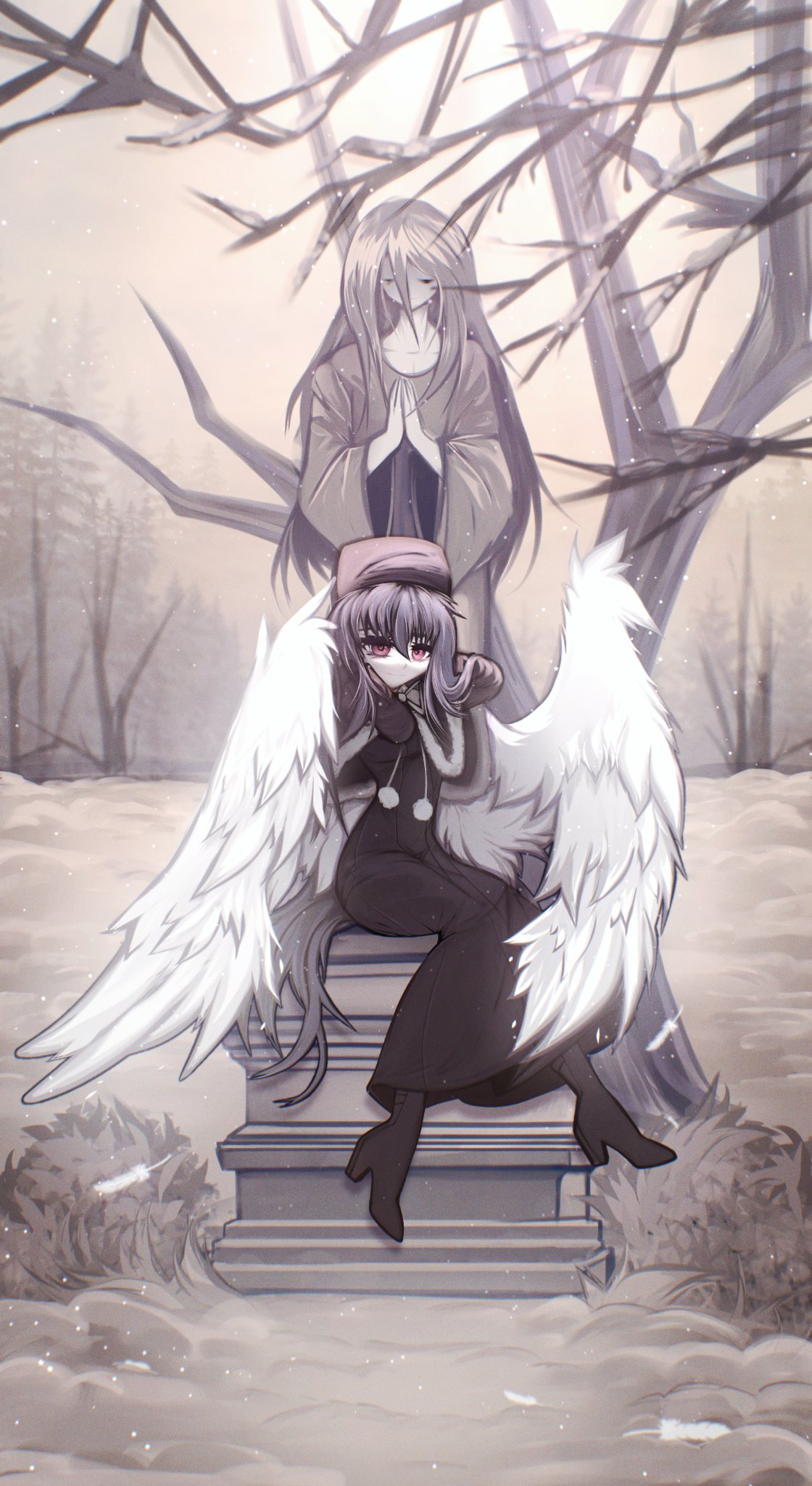 amamiya yuuko, ef (visual novel), highres, 1girl, angel wings, bare tree, black dress, black hair, black shoes, capelet, dress, fur-trimmed capelet, fur trim, habuti, hair between eyes, hat, high heels, long hair, looking at viewer, outdoors, pale skin, pom pom (clothes), shoes, sitting, snow, solo, statue, tree, wings, winter