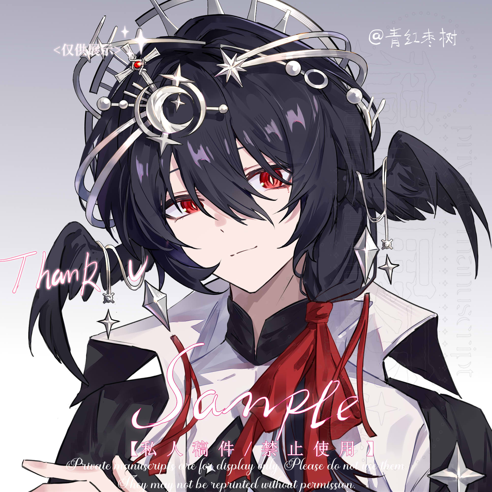 qinghong zaoshu, original, commission, highres, 1girl, artist name, black jacket, black wings, bow, closed mouth, feathered wings, gradient background, grey background, hair between eyes, hair bow, hair ornament, hair over shoulder, hand up, head wings, jacket, looking at viewer, low ponytail, ponytail, portrait, red bow, red eyes, sample watermark, smile, solo, watermark, wings