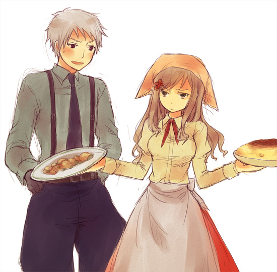 jouji (teeto), hungary (hetalia), prussia (hetalia), axis powers hetalia, 00s, apron, blush, brown hair, food, grey hair, headscarf, maid, maid apron, necktie, orange headscarf, sketch, suspenders