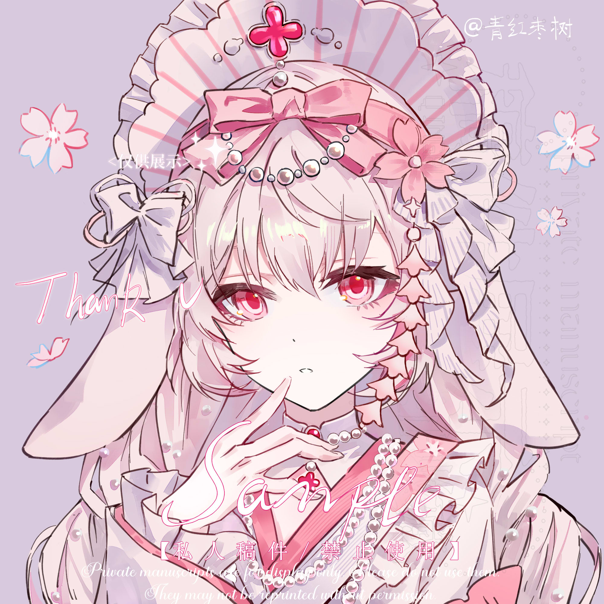 qinghong zaoshu, original, commission, highres, 1girl, animal ears, artist name, bonnet, bow, ears down, finger to mouth, flower, frilled shirt, frills, hair bow, hand up, looking at viewer, parted lips, pearl hair ornament, pink bow, pink flower, pink hair, portrait, purple background, rabbit ears, rabbit girl, red eyes, sample watermark, shirt, solo, watermark, white bonnet, white shirt