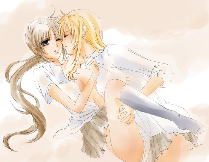 lina (interlude), fate testarossa, takamachi nanoha, lyrical nanoha, mahou shoujo lyrical nanoha, mahou shoujo lyrical nanoha a's, mahou shoujo lyrical nanoha strikers, 00s, 2girls, blonde hair, blue eyes, closed eyes, multiple girls, ponytail, school uniform, shirt, skirt, sleeves rolled up, white shirt, yuri