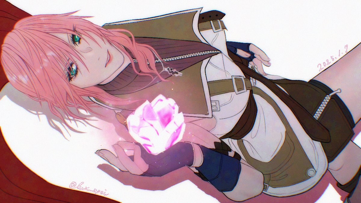 lux spei, lightning farron, final fantasy, final fantasy xiii, commentary, symbol-only commentary, 1girl, blue gloves, breasts, brown sweater, cape, cowboy shot, dated, fingerless gloves, gloves, green eyes, hair between eyes, long hair, looking at viewer, medium breasts, parted lips, pink hair, red cape, sleeveless, sleeveless turtleneck, smile, solo, sweater, turtleneck, upper body, vest, wavy hair, white background, white vest