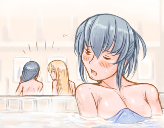 tsuda nanafushi, suigintou, rozen maiden, silver hair, 00s, 1girl, aged up, bath, bathing, blonde hair, breasts, female focus, large breasts, one eye closed, solo, wet, wink