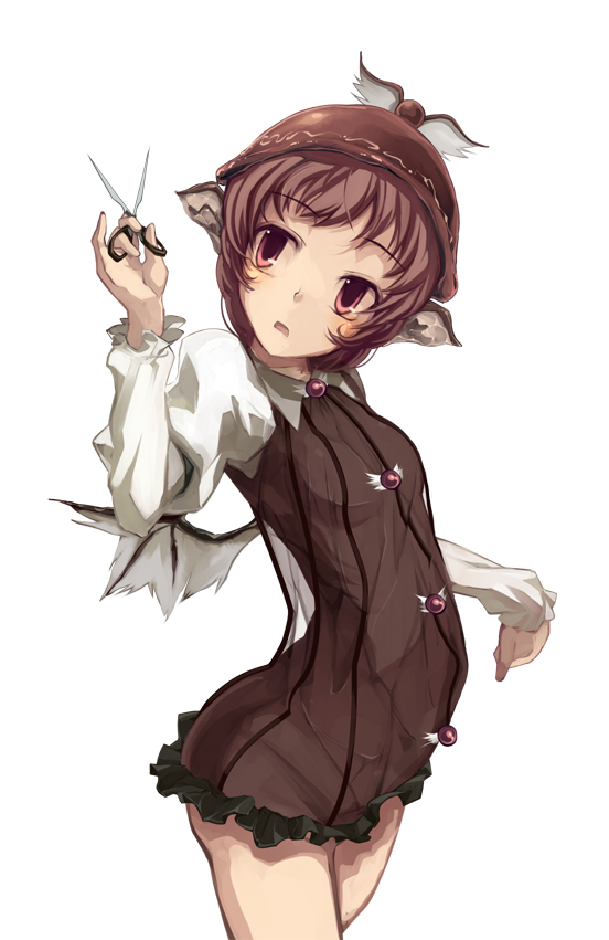 shimadoriru, mystia lorelei, touhou, 1girl, animal ears, brown hair, female focus, flat chest, hat, red eyes, scissors, see-through clothes, short hair, simple background, solo, white background, wings