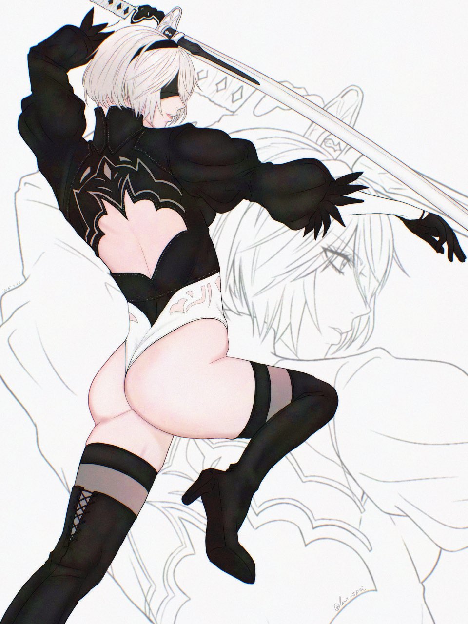 lux spei, 2b (nier:automata), nier:automata, nier (series), highres, 1girl, ass, back cutout, black boots, black gloves, black hairband, black thighhighs, blindfold, boots, clothing cutout, feather trim, fighting stance, foot out of frame, gloves, hair between eyes, hairband, heattech leotard, holding, holding sword, holding weapon, juliet sleeves, leotard, long sleeves, parted lips, puffy sleeves, solo, sword, thigh boots, thighhighs, turtleneck, weapon, white leotard
