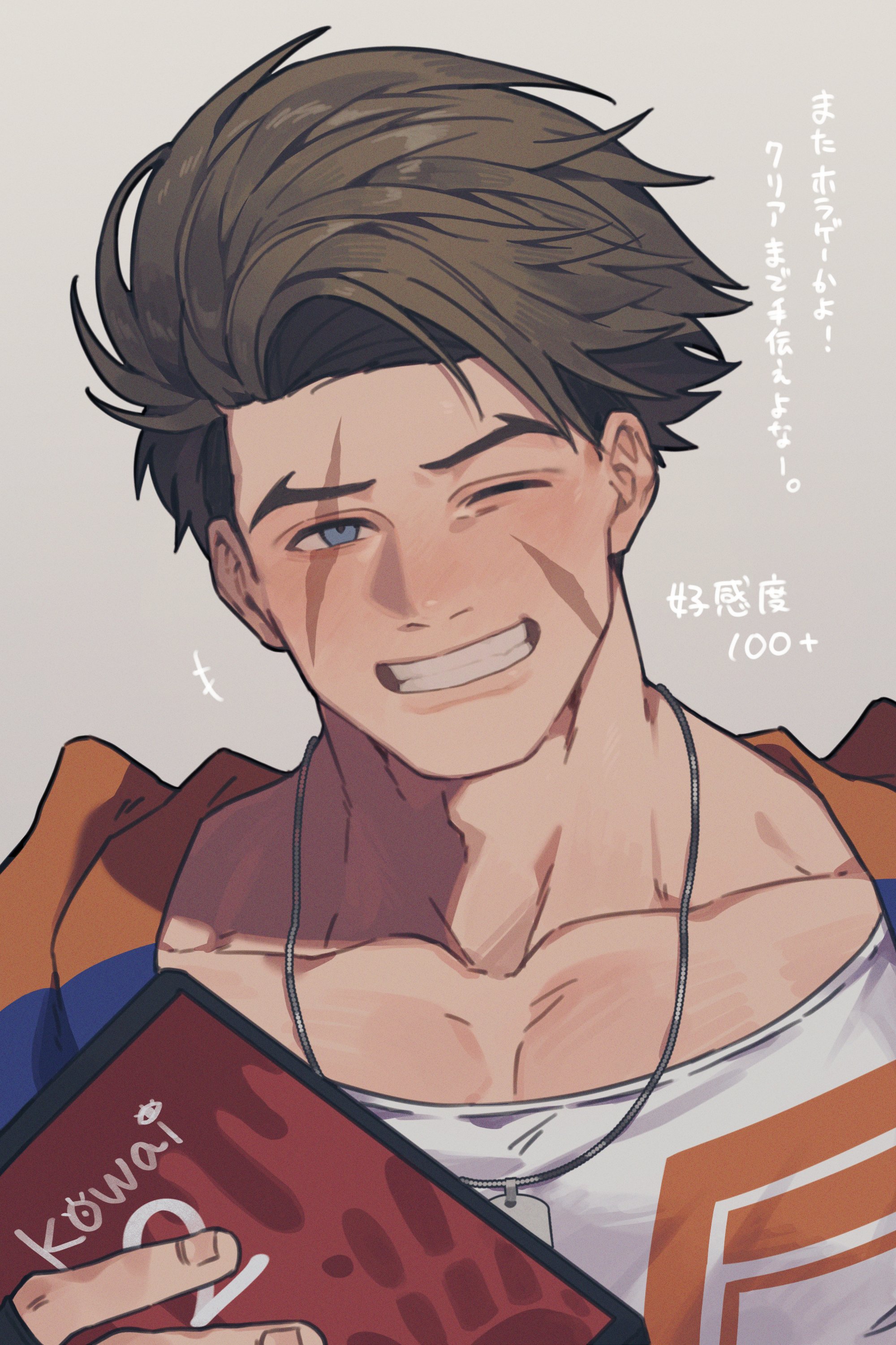 prat rat, luke sullivan, street fighter, street fighter 6, absurdres, commentary request, highres, translation request, 1boy, blue eyes, brown hair, cellphone, collarbone, dog tags, facial scar, forked eyebrows, grin, holding, holding phone, jacket, male focus, multicolored jacket, multiple scars, one eye closed, phone, print shirt, scar, scar across eye, scar on cheek, scar on face, shirt, short hair, smile, solo, two-tone jacket, upper body