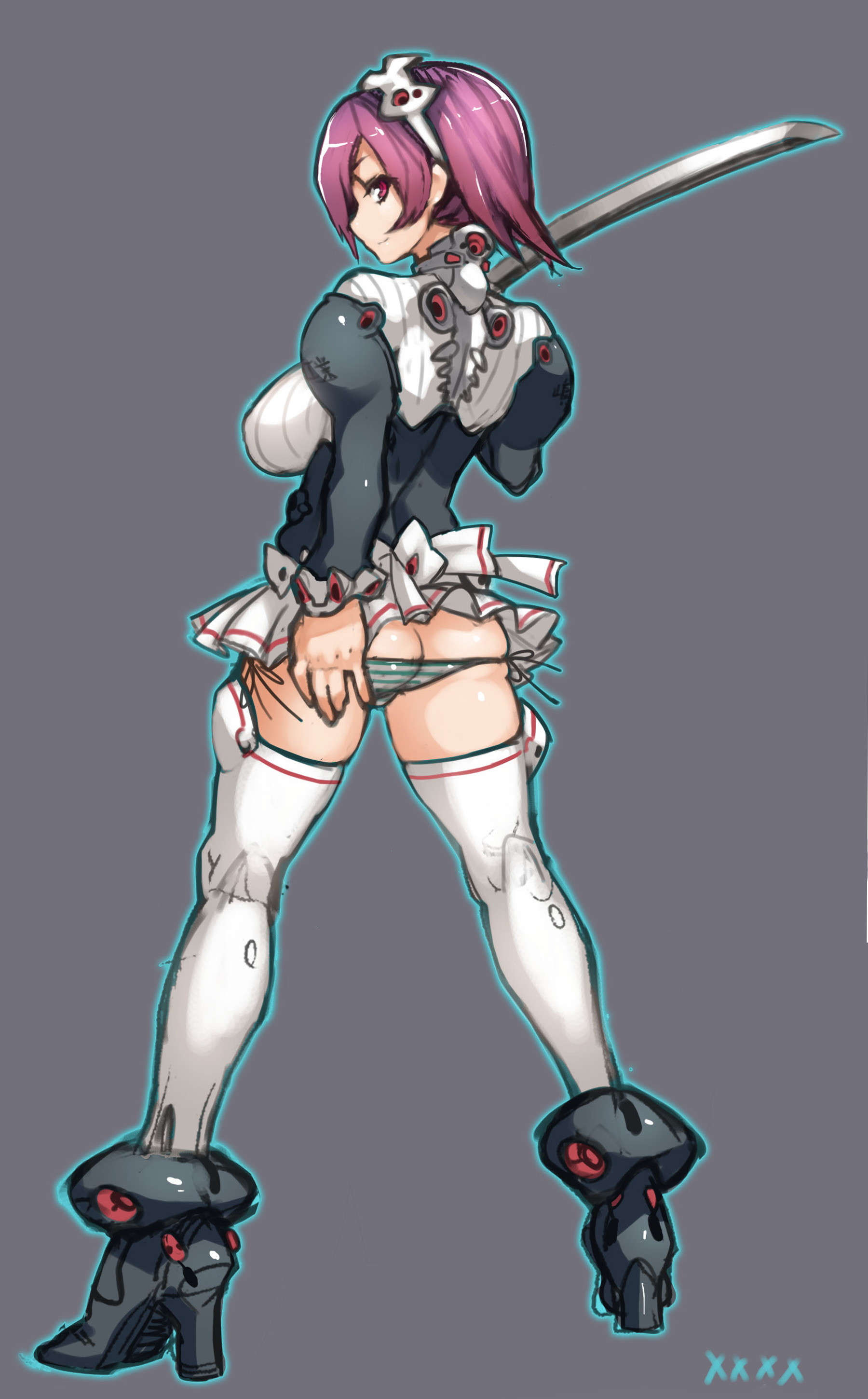 meme50, absurdres, highres, 1girl, ass, breasts, butt crack, female focus, from behind, full body, hairband, high heels, huge breasts, legs, looking back, lowleg, lowleg panties, panties, purple eyes, purple hair, shoes, short hair, side-tie panties, sideboob, simple background, skirt, smile, solo, standing, striped clothes, striped panties, sword, thighhighs, underwear, weapon, white thighhighs