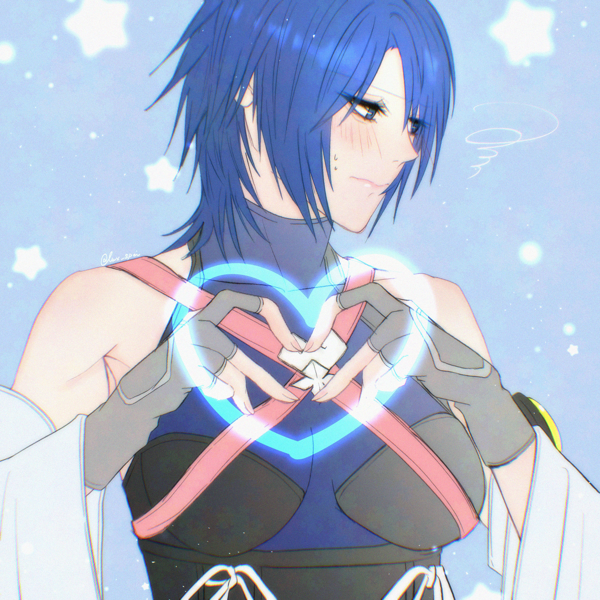 lux spei, aqua (kingdom hearts), kingdom hearts, kingdom hearts birth by sleep, commentary, highres, symbol-only commentary, 1girl, bare shoulders, blue background, blue eyes, blue hair, blush, breasts, chest strap, detached sleeves, fingerless gloves, gloves, grey gloves, hair between eyes, heart, heart hands, medium breasts, medium hair, sleeveless, sleeveless turtleneck, solo, squiggle, sweatdrop, turtleneck, upper body, wavy mouth
