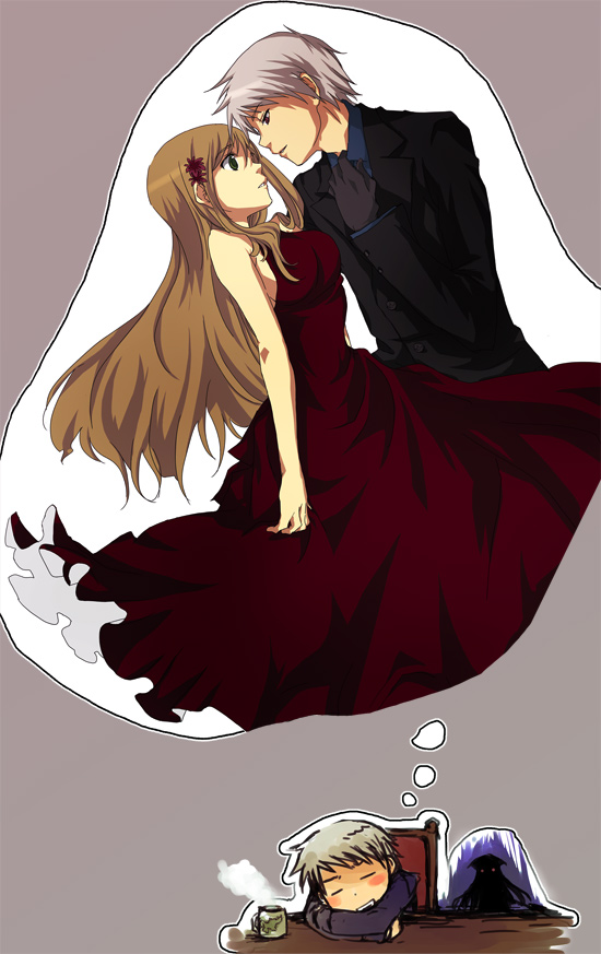jouji (teeto), hungary (hetalia), prussia (hetalia), axis powers hetalia, silver hair, 00s, 1boy, 1girl, breasts, brown hair, couple, desk, dreaming, dress, eye contact, flower, formal clothes, hair flower, hair ornament, hetero, long hair, looking at another, red dress, short hair, sideboob, sleeping, suit
