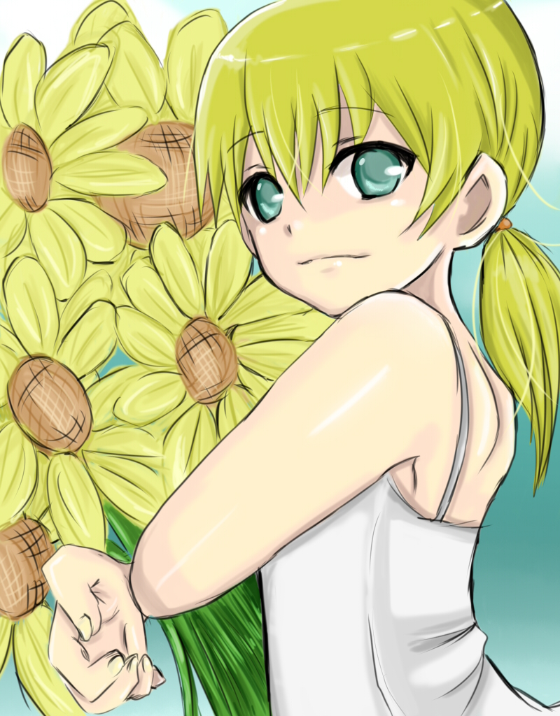 oto koma yanagi, bad id, bad pixiv id, blonde hair, dress, flower, green eyes, ponytail, solo, sunflower