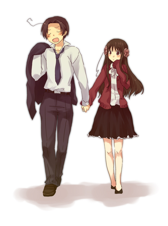 jouji (teeto), korea (hetalia), taiwan (hetalia), axis powers hetalia, 00s, ahoge, blazer, blush, brown eyes, brown hair, cardigan, casual, flower, formal clothes, hair flower, hair ornament, holding hands, long sleeves, necktie, skirt, suit, walking