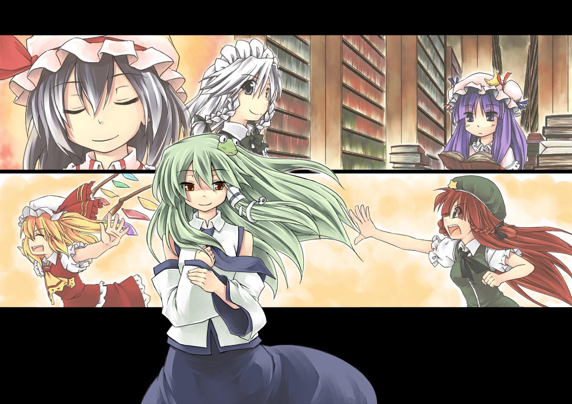 hitsujin, flandre scarlet, hong meiling, izayoi sakuya, kochiya sanae, patchouli knowledge, remilia scarlet, touhou, 6+girls, book, female focus, frog hair ornament, hair ornament, library, multiple girls, voile