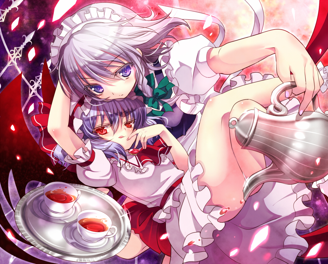 chimochi, dyudyu, izayoi sakuya, remilia scarlet, touhou, silver hair, bad id, bad pixiv id, 2girls, :q, bow, braid, censored, convenient censoring, cup, female focus, full moon, hair bow, hat, maid, maid headdress, moon, multiple girls, nail polish, petals, pink nails, purple eyes, red eyes, short hair, teacup, teapot, tongue, tongue out, tray, twin braids