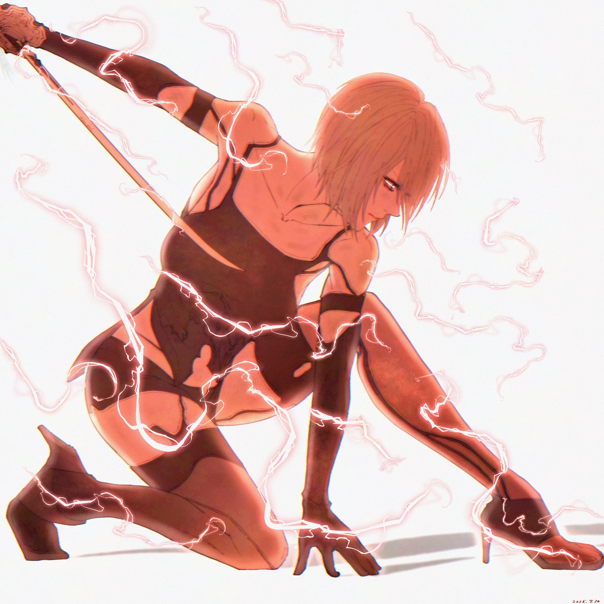 lux spei, a2 (nier:automata), nier:automata, nier (series), highres, 1girl, bare shoulders, black boots, black gloves, black shirt, black shorts, boots, breasts, collarbone, elbow gloves, electricity, full body, gloves, grey hair, hair over one eye, holding, holding sword, holding weapon, medium breasts, micro shorts, midriff, on one knee, shirt, short hair, shorts, solo, sword, thigh boots, weapon, white background