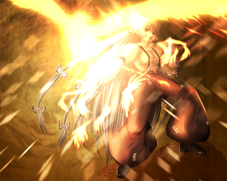 aojiru (shiro to kuro no mukyou), aoziru, fujiwara no mokou, touhou, silver hair, 1girl, bird, bow, female focus, fire, hair bow, long hair, phoenix, red eyes, solo, very long hair