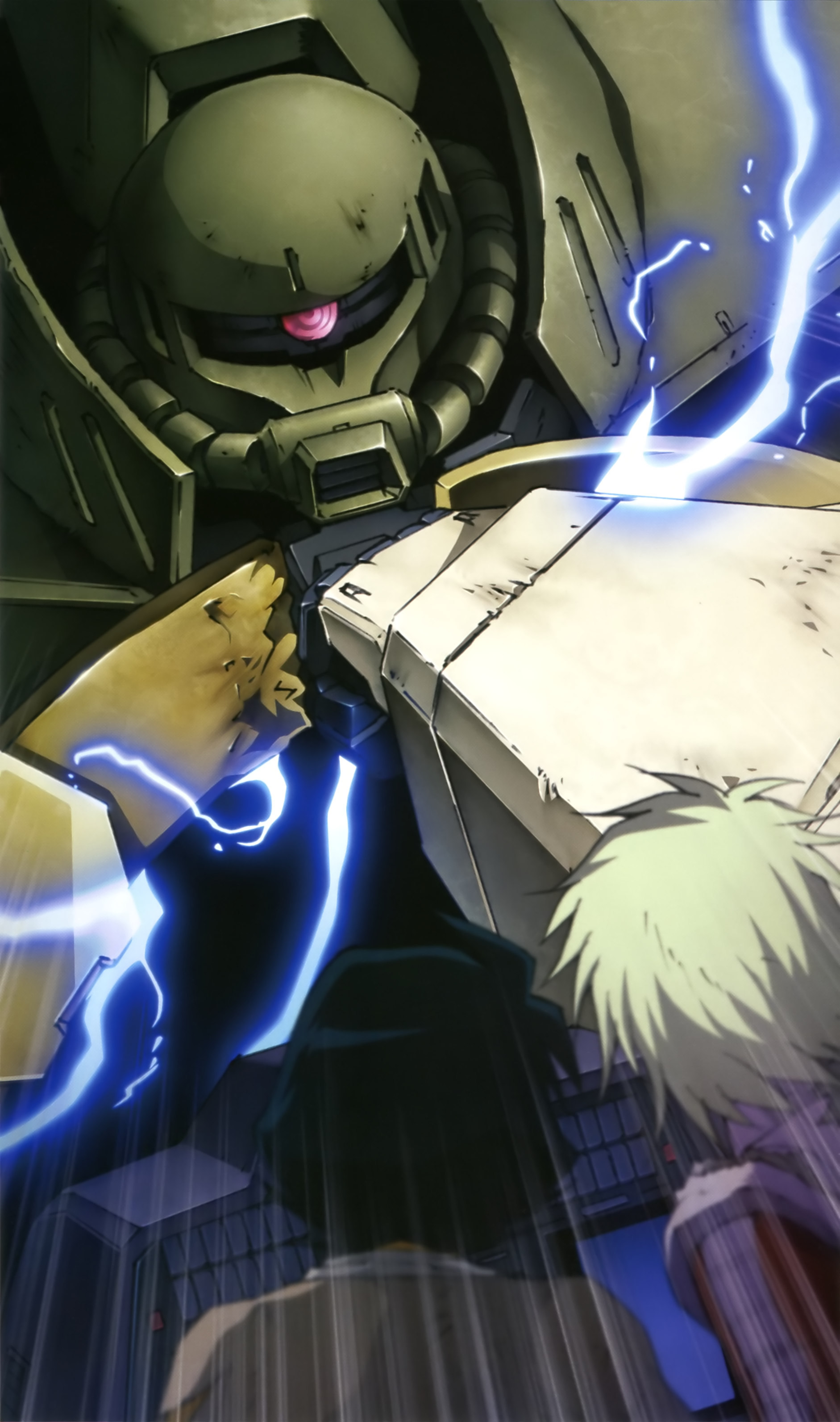 aina saharin, apsalus iii, ground gundam, shiro amada, gundam, gundam 08th ms team, absurdres, artist request, highres, official art, promotional art, spoilers, 1990s (style), 1boy, 1girl, battle, black hair, cable, damaged, dirty, duel, electricity, green hair, gundam perfect file, machinery, mecha, mecha pilot suit, mobile armor, mobile suit, motion lines, one-eyed, open cockpit, punching, red eyes, retro artstyle, robot, scene reference, science fiction