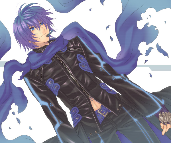 hatake michi, hatakemichi, kaito (vocaloid), vocaloid, bad id, bad pixiv id, 1boy, belt, blue eyes, blue hair, blue scarf, fingerless gloves, gloves, jacket, male focus, matching hair/eyes, nail polish, navel, scarf, short hair, solo, zipper