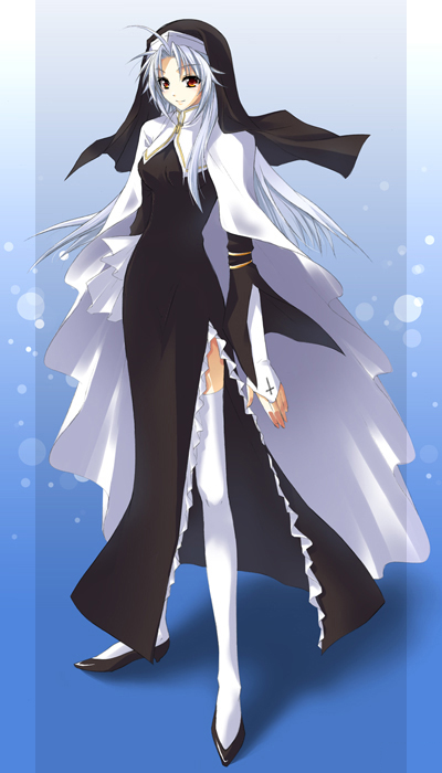 original, silver hair, blue hair, long hair, nun, red eyes, side slit, solo, thighhighs
