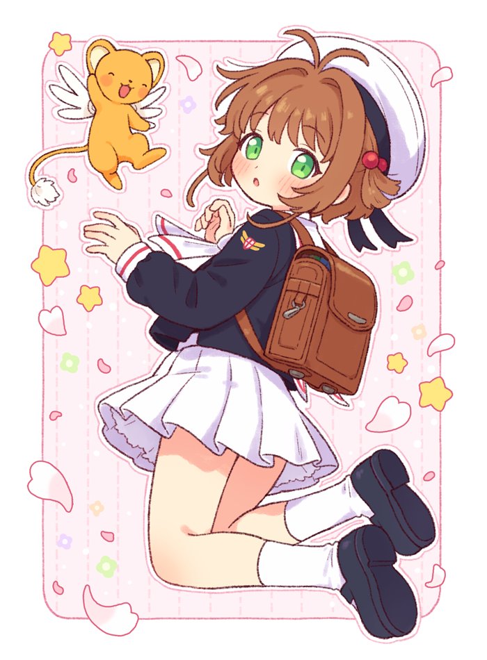 onyhakase, kinomoto sakura, cardcaptor sakura, commentary, 1girl, backpack, bag, black shirt, black shoes, brown bag, brown hair, green eyes, hair bobbles, hair ornament, hat, looking at viewer, miniskirt, open mouth, pleated skirt, sailor collar, sailor shirt, school uniform, serafuku, shirt, shoes, skirt, socks, soles, solo, tomoeda elementary school uniform, white hat, white sailor collar, white skirt, white socks