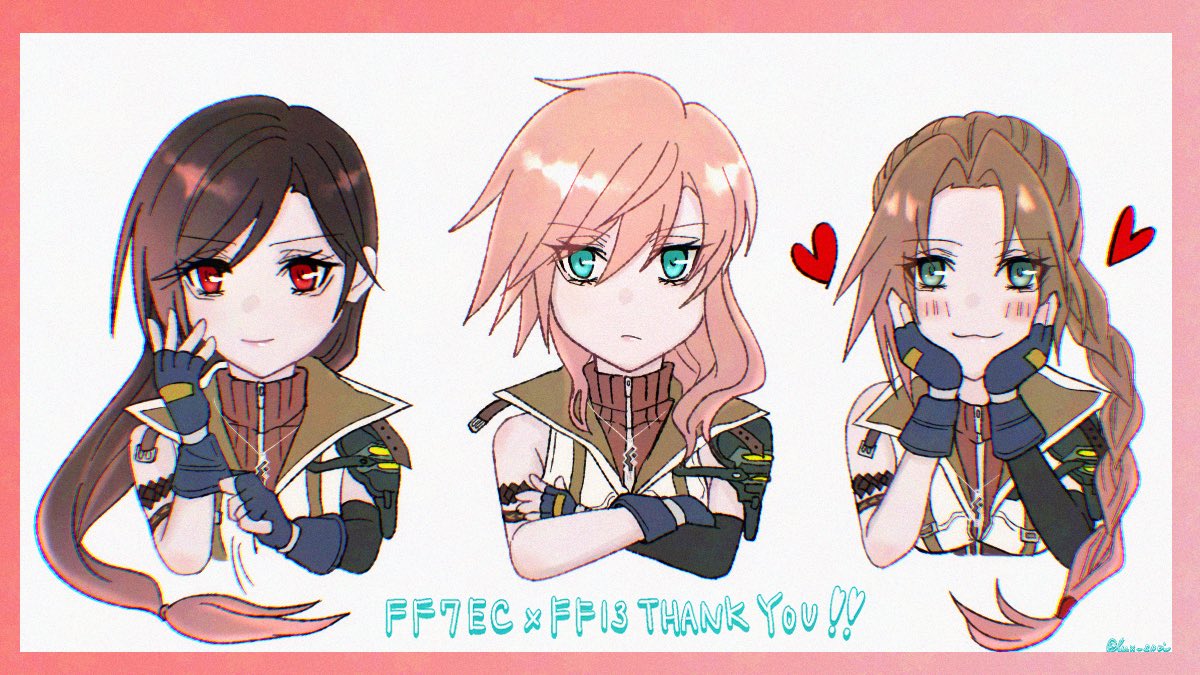 lux spei, aerith gainsborough, lightning farron, tifa lockhart, final fantasy, final fantasy vii, final fantasy vii: ever crisis, final fantasy xiii, commentary, symbol-only commentary, 3girls, :3, adjusting clothes, adjusting gloves, aerith gainsborough (guardian corps uniform), aqua eyes, armband, black armband, blush, border, braid, breasts, brown hair, brown sweater, copyright name, cosplay, cropped torso, crossed arms, elbow gloves, fingerless gloves, gloves, gradient hair, green eyes, hair between eyes, hair over shoulder, hands on own cheeks, hands on own face, jewelry, light frown, light smile, lightning farron (cosplay), long hair, low-tied long hair, medium breasts, multicolored hair, multiple girls, necklace, no nose, official alternate costume, parted bangs, pink border, pink hair, red eyes, single bare shoulder, single braid, single elbow glove, single shoulder pad, smile, sweater, tifa lockhart (guardian corps uniform), turtleneck, turtleneck sweater, twitter username, vest, white background, white vest