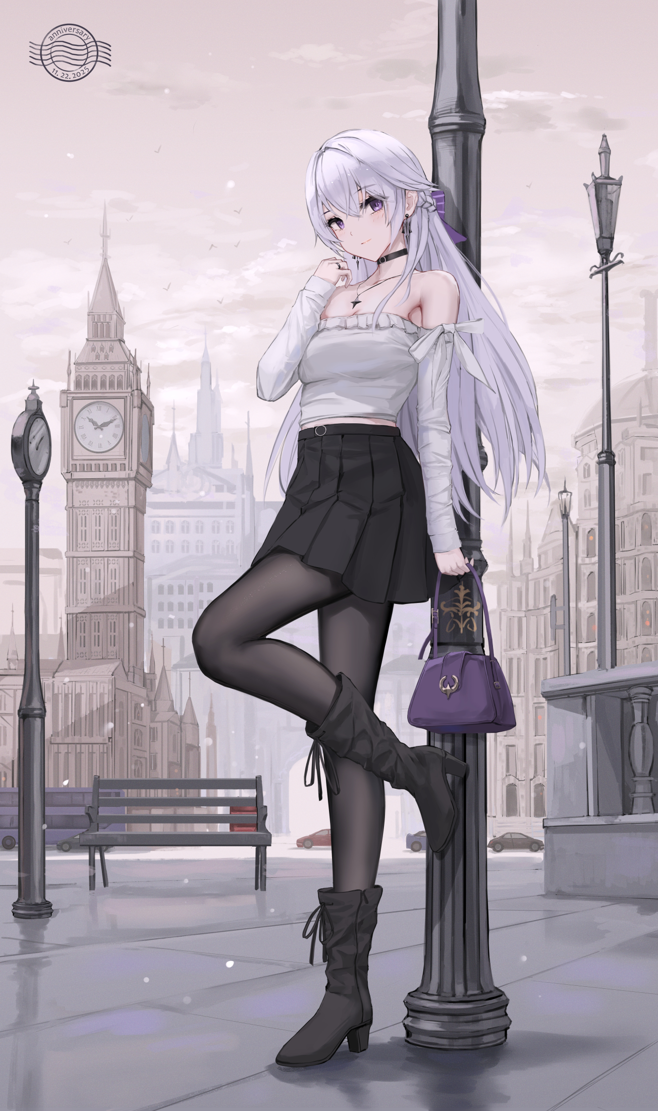 yuzuriha (atelier liang), celestia (strinova), strinova, chinese commentary, commentary request, highres, location request, 1girl, against lamppost, alternate costume, anniversary, arch, bag, bare shoulders, bench, black boots, black choker, black pantyhose, black skirt, blue bag, blush, boots, bow, braid, breasts, building, bus, car, casual, choker, city, cleavage, clock, clock tower, closed mouth, collar, crossed bangs, day, detached sleeves, double-decker bus, dress, earrings, european architecture, fog, frilled dress, frills, full body, grey hair, grey sky, hair between eyes, half up braid, hand up, handbag, high heel boots, high heels, jewelry, lamppost, large breasts, long hair, looking at viewer, motor vehicle, off-shoulder dress, off shoulder, outdoors, pantyhose, pendant choker, pleated skirt, purple eyes, ring, road, scenery, shirt, skirt, sky, small breasts, smile, snow, solo, standing, standing on one leg, star pendant, thighs, tower, white bow, white hair, white shirt