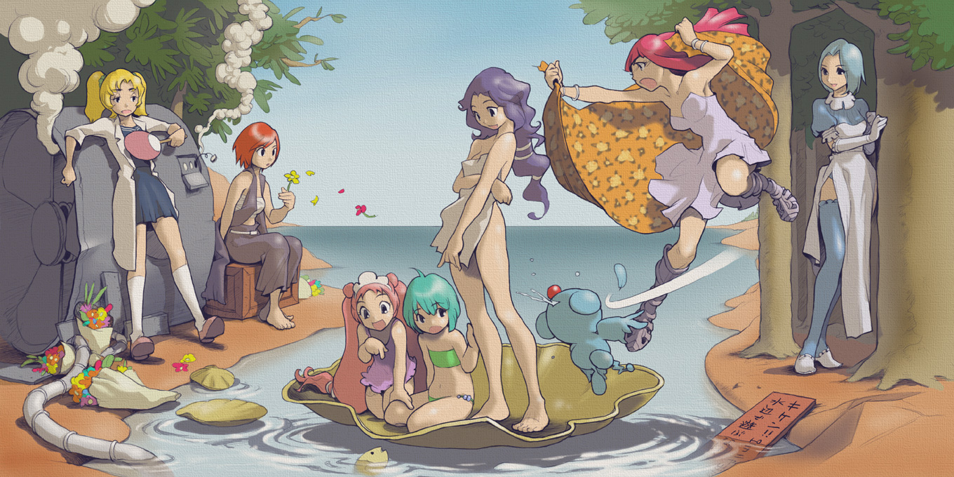 pomodorosa, original, the birth of venus, 6+girls, ahoge, artistic nudity, barefoot, bikini, blonde hair, blue hair, covering privates, day, dress, fine art parody, fish, flower, gloves, green hair, hairband, hand fan, kneehighs, legs, long hair, multiple girls, nude, nude cover, parody, pink hair, ponytail, purple hair, red hair, sarashi, short hair, side slit, skirt, smoke, socks, swimsuit, thighhighs, twintails, water, white socks