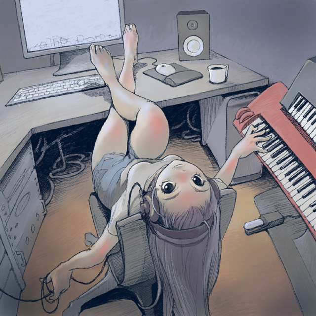 pomodorosa, apple inc., original, bad id, 1girl, barefoot, black eyes, brown hair, chair, coffee, computer, computer keyboard, computer mouse, crossed legs, cup, desk, feet, feet on table, female focus, headphones, instrument, keyboard, keyboard (instrument), legs, long hair, macintosh, monitor, mousepad (object), mug, on chair, sitting, solo, upside-down