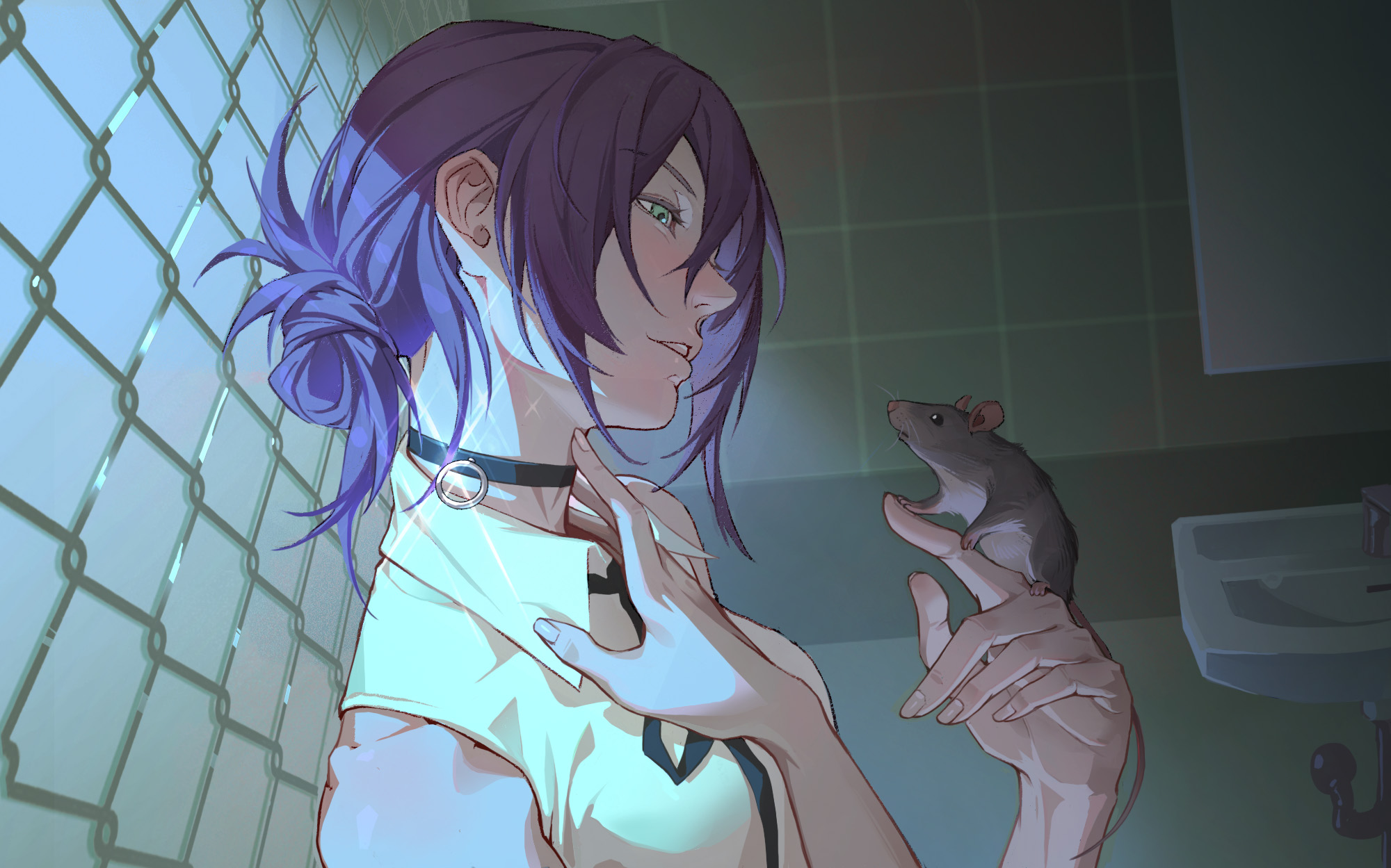 reze (chainsaw man), chainsaw man, highres, 1girl, black choker, black ribbon, choker, green eyes, grenade pin, hair between eyes, hair bun, long hair between eyes, mouse (animal), neck ribbon, pull cord, ribbon, shirt, single hair bun, sinker111111, sleeveless, sleeveless shirt