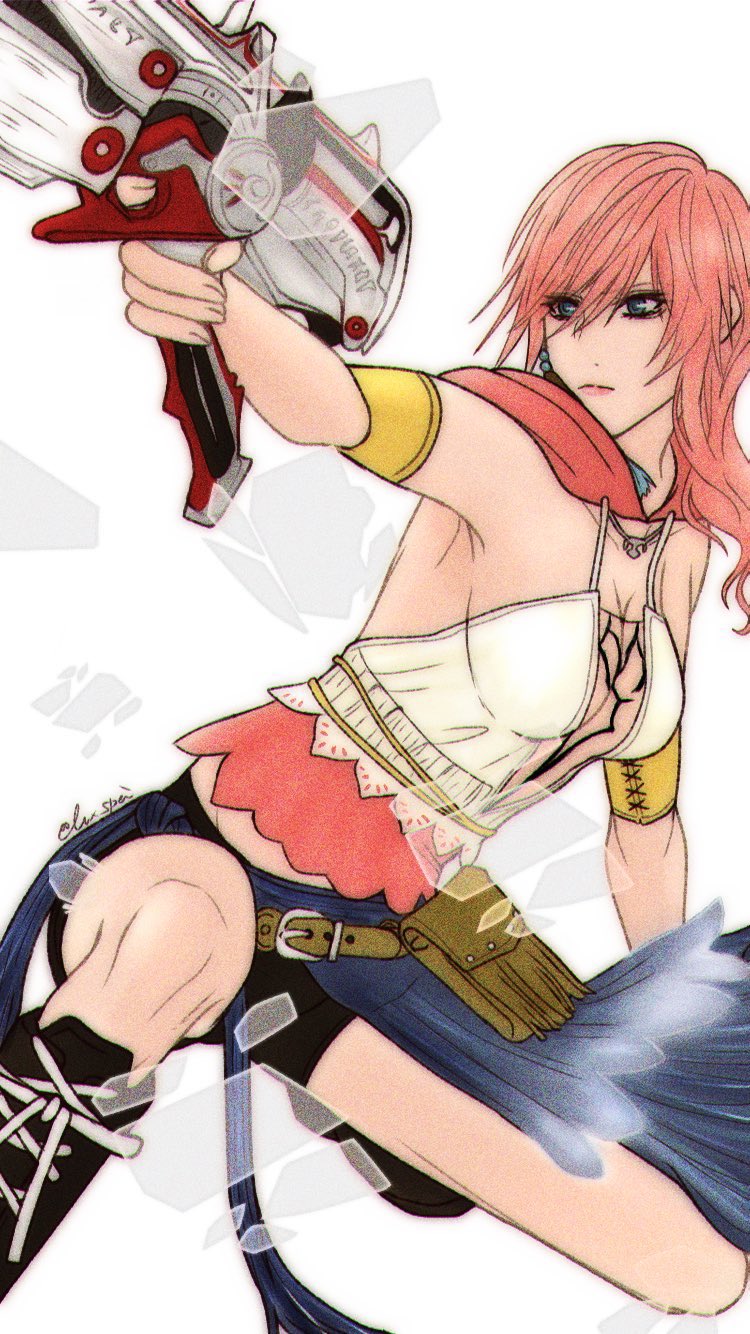 lux spei, lightning farron, yuna (ff10), final fantasy, final fantasy x, final fantasy x-2, final fantasy xiii, highres, 1girl, armband, beads, black boots, black shorts, blue eyes, boots, breasts, cleavage, closed mouth, cosplay, fighting stance, finger on trigger, gun, hair between eyes, holding, holding gun, holding weapon, hood, hood down, long hair, medium breasts, midriff peek, pink hair, pink hood, plunging neckline, shirt, shorts, sideboob, solo, twitter username, waist cape, wavy hair, weapon, white background, white shirt, yellow armband, yuna (ff10) (cosplay)